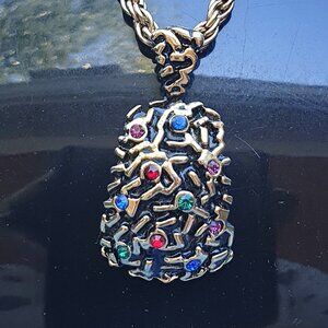 Vintage Lady Remington Brutalist Gold Tone with Multicolor Rhinestone Necklace